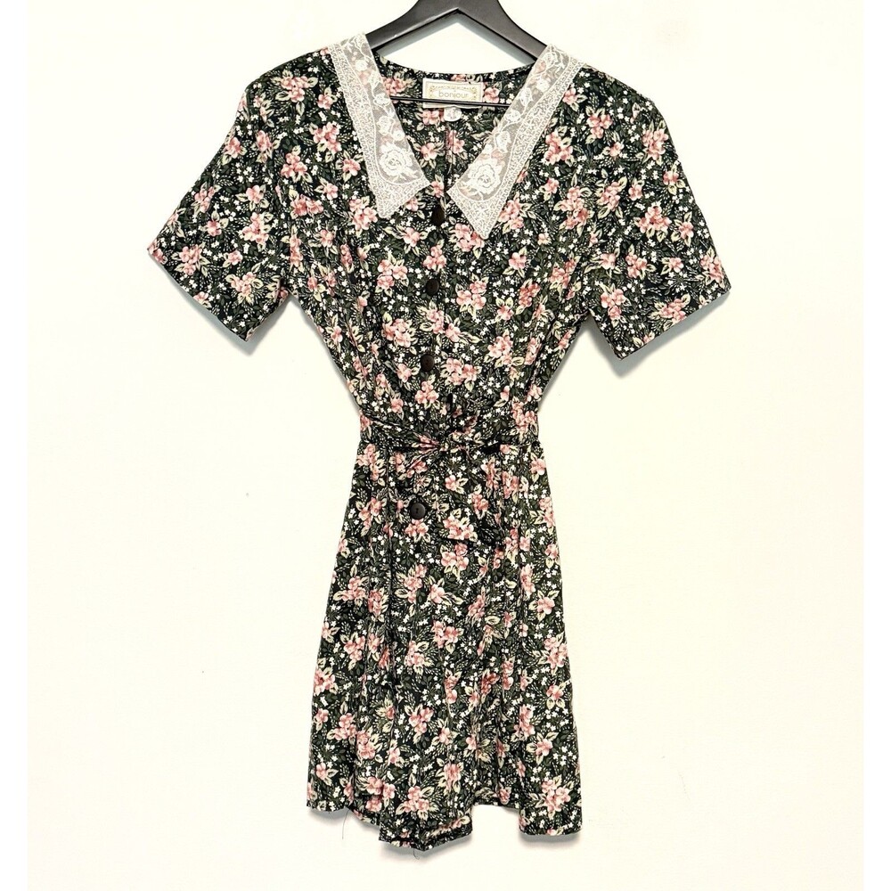 Vintage 80s 90s Bonjour Floral Romper Sz M Wide Leg Shorts Lace Collar USA